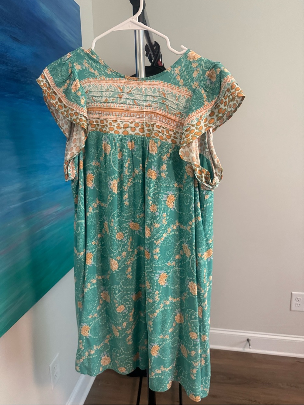 entro Teal Floral Casual Dress with Cream & Yellow Trim